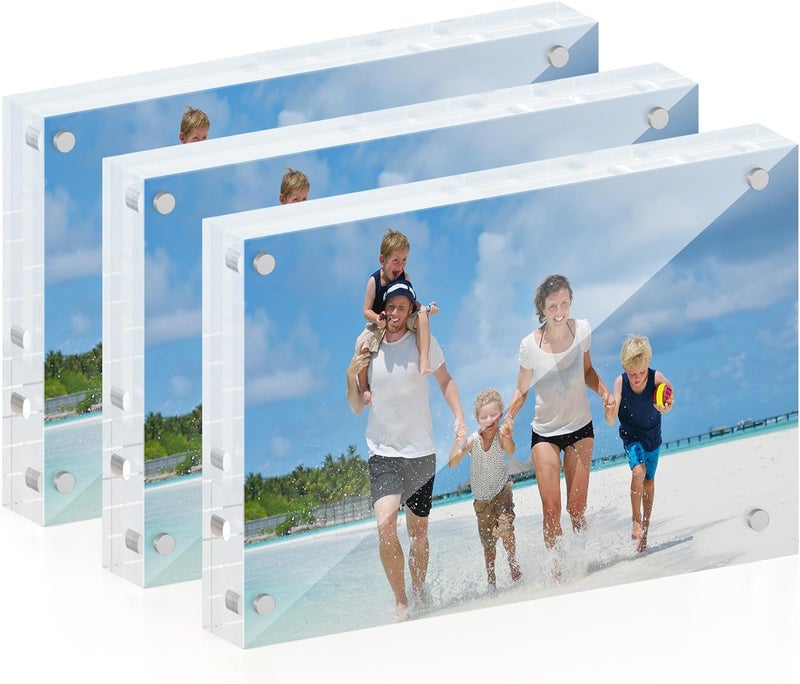 ATZYmolin 4x6 Acrylic Picture Frame 3 Pack, 20mm Thick Magnetic Double Sided Display 20% Thicker- Frameless Clear Transparent Photo Frame for Desktop/Tabletop, Self Standing with Microfiber Cloth - Image 1